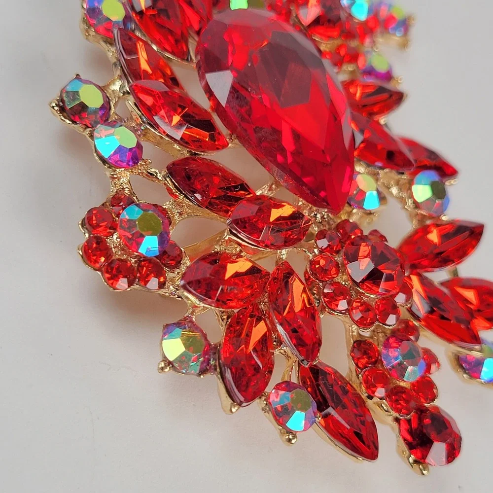 Large Red Rhinestone Brooch Gold Tone AB Crystal Floral Pendant Statement Pin